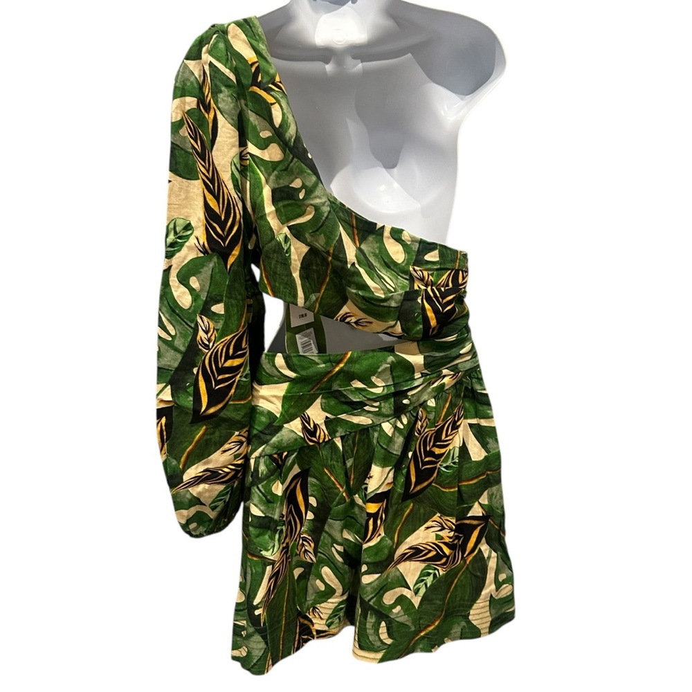 Farm Rio Tropical Leaves One Shoulder Mini Dress Green Large New with Tags - Picture 10 of 16